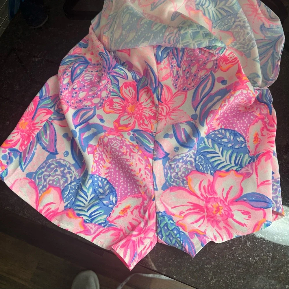 Lilly Pulitzer (2) “Kipton” Romper - One Shoulder Blue / Pink Floral Print - Picture 9 of 11